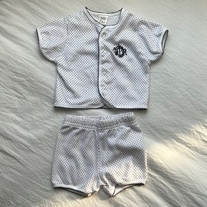 Baby DIOR 2pc Set Navy Polka Dot Monogram Scallop Trim Top and Shorts 3/6M